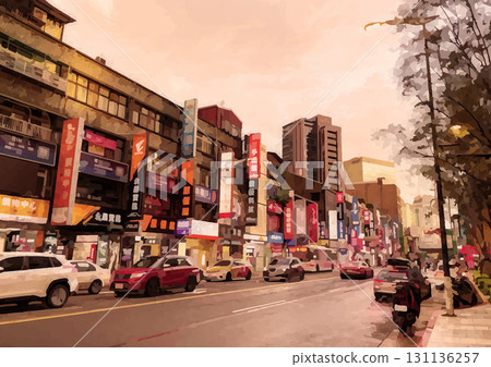 黃昏時分，台北主街上，廣告看板林立 131136257