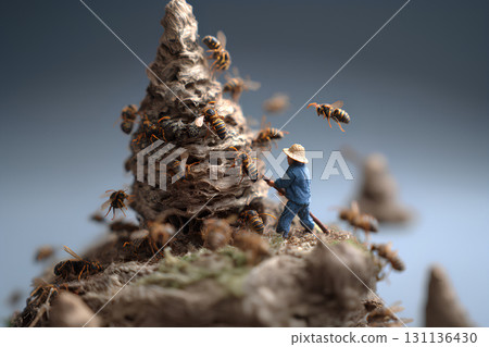 A diorama of workers removing a giant hornet nest A diorama of workers removing a giant hornet nest 131136430
