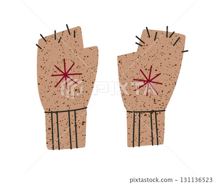 Knitted wool fingerless gloves with embroidered snowflakes. Flat cartoon vector illustration of cozy winter clothing, Christmas accessory, festive handmade apparel for holiday season 131136523