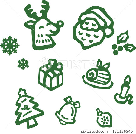 Christmas hand-drawn icon set. Line art illustrations of Santa, reindeer, presents, etc. Holiday, winter 131136540