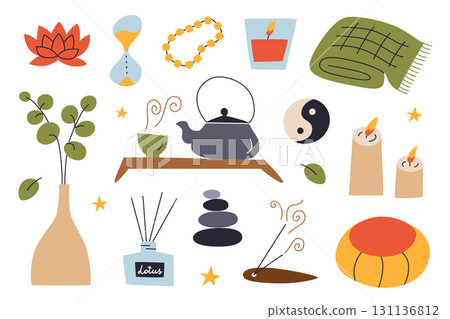 Collection of flat cartoon vector objects for meditation, mindfulness and relaxation. Cozy home illustration set with tea ceremony, incense, aroma diffuser, blanket, candles, lotus, yin, yang 131136812