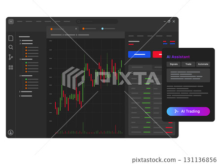 AI assistant in trading and finance software user interface showing stock market data artificial intelligence analyzing market trends generate trading signals automating trade transaction AI assistant in trading and finance software user interface showing stock market data artificial intelligence analyzing market trends generate trading signals automating trade transaction 131136856