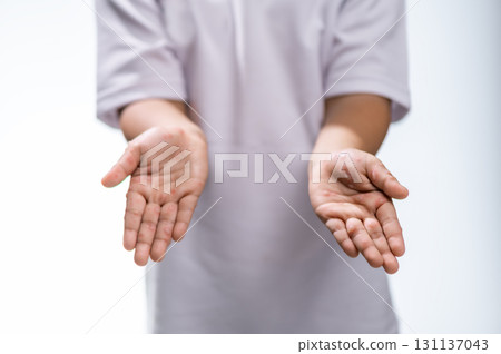 Hand, foot and mouth disease HFMD Human hand of scarlet fever in coxsackievirus palmarosa virus and child hand on white background 131137043