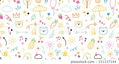 Icon cute line pattern. Seamless background with cartoon children, baby animals, stars, flowers and hearts elements. Hand drawn sketch style children seamless pattern. Vector 131137144