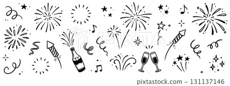 Firework vector new year set. Hand drawn background with doodle sparkler, firecracker and confetti for new year, birthday or holiday celebration. Sketch firework party style. Vector Firework vector new year set. Hand drawn background with doodle sparkler, firecracker and confetti for new year, birthday or holiday celebration. Sketch firework party style. Vector 131137146