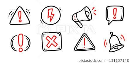 Doodle attention sign icon set. Hand drawn caution signs, warning marks and alert sketch symbols designed to exclamation sign, error or important attention icon doodle. Vector 131137148