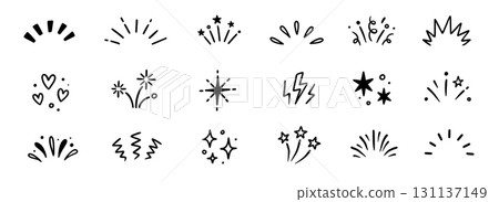 Line icon ray, confetti element set. Starburst line art with hand drawn glitter spark, pop icon shapes and surprise emphasis elements. Decorative sketch style for a sunshine ray vector 131137149
