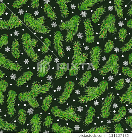 Merry Christmas seamless pattern with fir tree branches and snowflakes. Christmas gifts wrapping template. Winter season wallpaper design with realistic evergreen pine branches vector illustration. 131137185