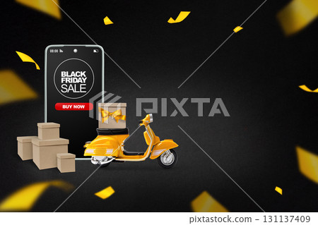 Black Friday e-commerce sale with delivery scooter, smartphone, boxes and festive confetti on dark copy space. Perfect for online shopping promotion and seasonal ads. 131137409