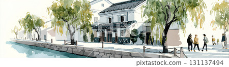 Beautiful old townscape with white walls (watercolor painting) 131137494