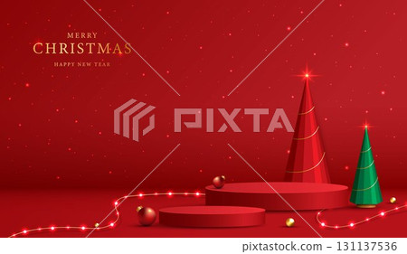 Podium shape for show cosmetic product display for christmas day or new years. Stand product showcase on red background with lighting christmas. vector design. 131137536