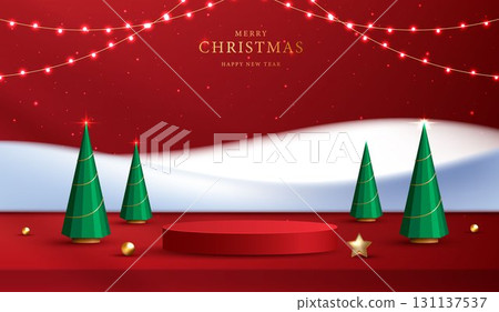 Podium shape for show cosmetic product display for christmas day or new years. Stand product showcase on red background with lighting christmas. vector design. 131137537