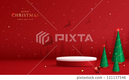 Podium shape for show cosmetic product display for christmas day or new years. Stand product showcase on red background with lighting christmas. vector design. 131137546
