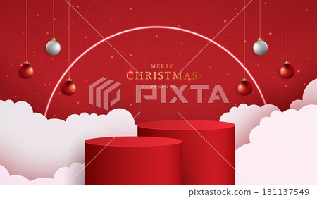 Podium shape for show cosmetic product display for christmas day or new years. Stand product showcase on red background with lighting christmas. vector design. Podium shape for show cosmetic product display for christmas day or new years. Stand product showcase on red background with lighting christmas. vector design. 131137549