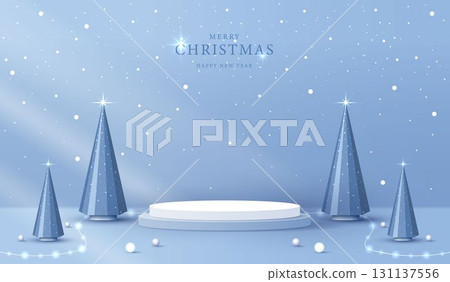 Podium shape for show cosmetic product display for christmas day or new years. Stand product showcase on red background with lighting christmas. vector design. 131137556