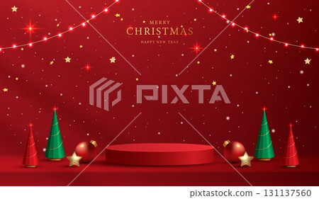 Podium shape for show cosmetic product display for christmas day or new years. Stand product showcase on red background with lighting christmas. vector design. 131137560