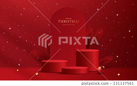 Podium shape for show cosmetic product display for christmas day or new years. Stand product showcase on red background with lighting christmas. vector design. 131137561