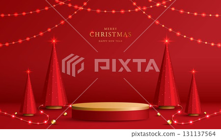 Podium shape for show cosmetic product display for christmas day or new years. Stand product showcase on red background with lighting christmas. vector design. Podium shape for show cosmetic product display for christmas day or new years. Stand product showcase on red background with lighting christmas. vector design. 131137564