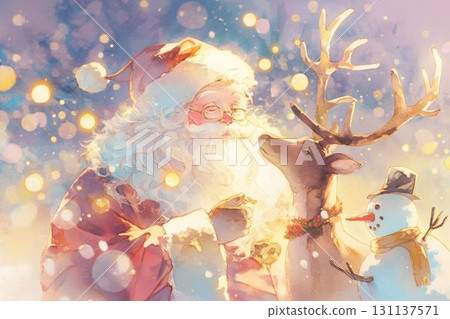 友善的聖誕老人被馴鹿和雪人包圍的插圖 友善的聖誕老人被馴鹿和雪人包圍的插圖 131137571