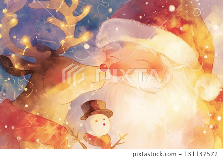 聖誕老人與馴鹿擁抱的可愛聖誕插圖 131137572