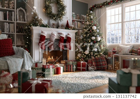 Classic living room interior with a fireplace and Christmas tree Classic living room interior with a fireplace and Christmas tree 131137742