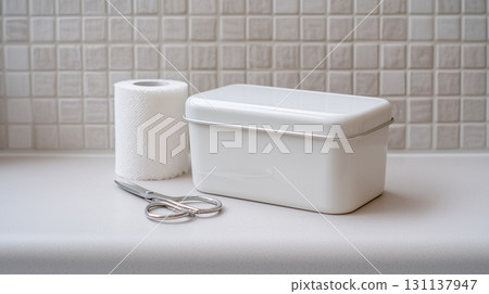 Minimalist home organization scene with bathroom essentials 131137947