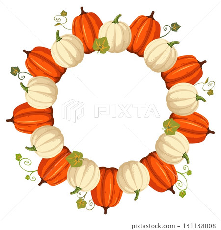 Vector circle frame with orange and white pumpkins for autumn seasonal design isolated on white background 131138008