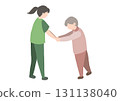 Color illustration of an elderly person doing walking training with a caregiver 131138040
