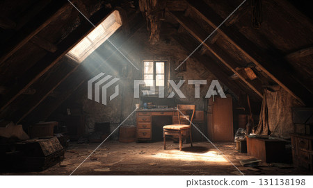 Old attic with wooden beams, dusty furniture, sunlight, nostalgic mood, forgotten treasures 131138198