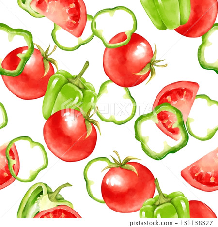 Seamless hand-drawn pattern with fresh tomatoes and green bell peppers. Seamless hand-drawn pattern with fresh tomatoes and green bell peppers. 131138327