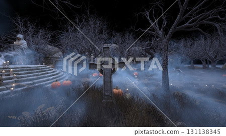 A courtyard with a statue of a nun 131138345