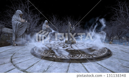 A courtyard with a statue of a nun 131138348