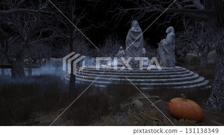 A courtyard with a statue of a nun A courtyard with a statue of a nun 131138349