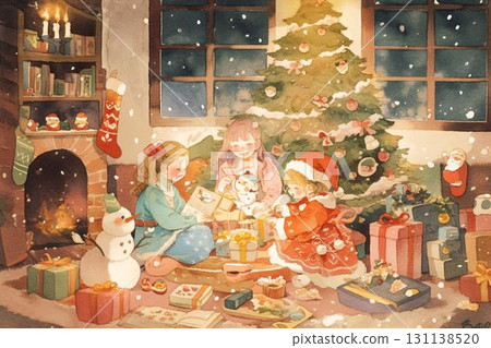 孩子們被壁爐和聖誕樹包圍著 131138520