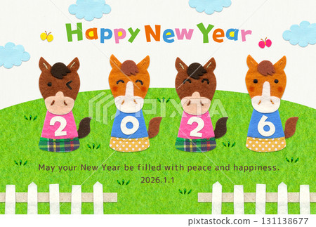 彩色馬和牧場貼花新年賀卡 2026 / 橫向，附祝福 131138677