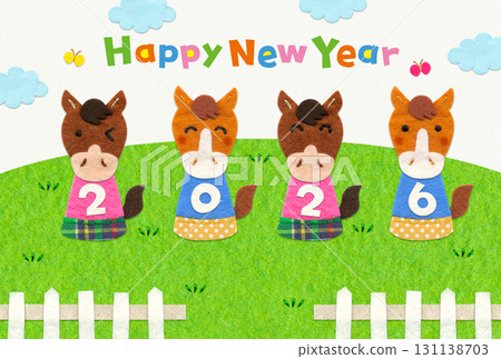 彩色馬和牧場貼花新年賀卡 2026 / 橫向，無問候 131138703
