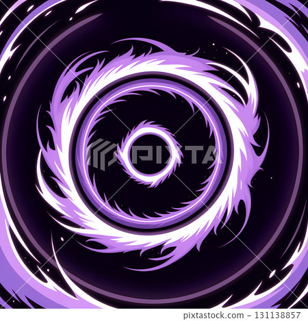Abstract purple vortex with swirling energy and a central black hole against a dark starry background 131138857