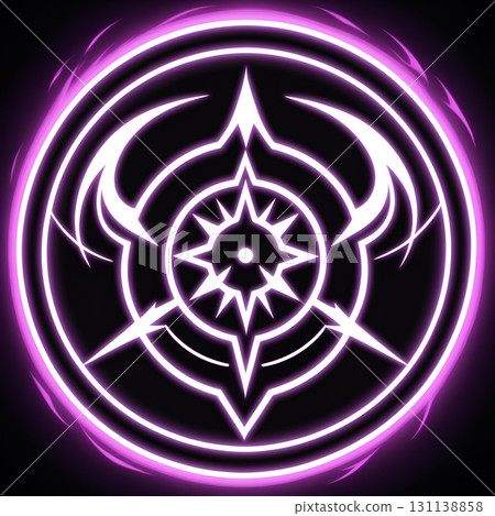 Mystical glowing purple magic circle with intricate geometric patterns on black background 131138858