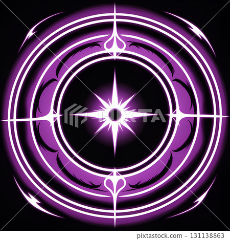 Luminous purple magical circle with glowing starburst at center on black background 131138863