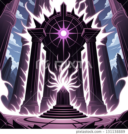 Mystical energy emanating from ancient temple with pillars and ominous sky background 131138889