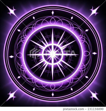Glowing magical purple circle with starburst center and decorative elements on black background 131138890