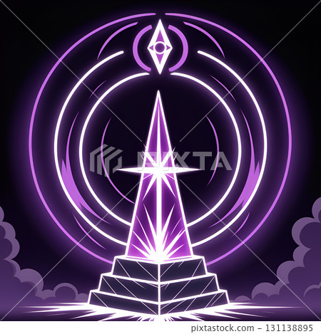 Abstract glowing pyramid with eye symbol surrounded by glowing circles in space Abstract glowing pyramid with eye symbol surrounded by glowing circles in space 131138895