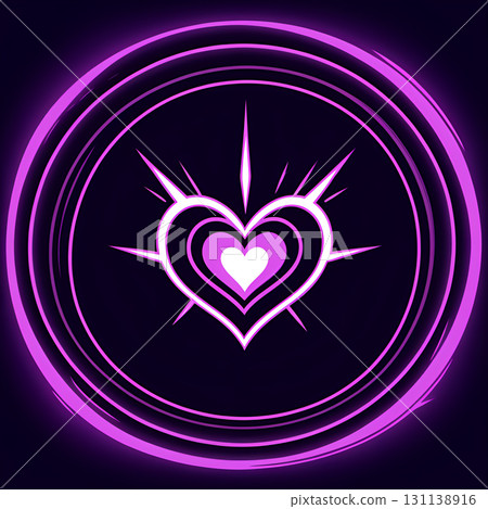 Vibrant neon heart emblem with glowing purple concentric circles and sharp rays on a dark background Vibrant neon heart emblem with glowing purple concentric circles and sharp rays on a dark background 131138916