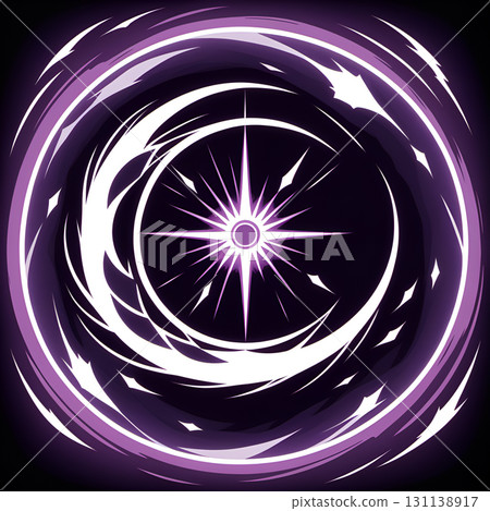 Abstract purple and white swirling energy vortex with a bright starburst center on a dark background 131138917