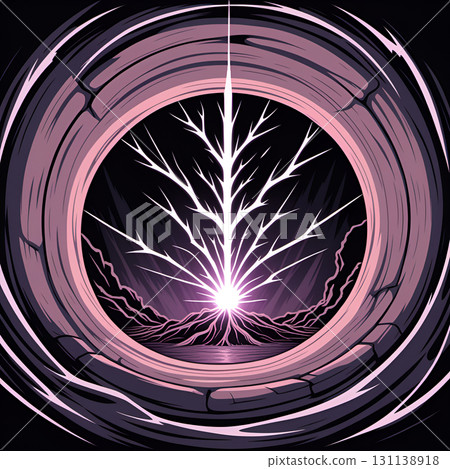 Mystical glowing tree emerges from rocky portal with vibrant purple energy and dark landscape 131138918