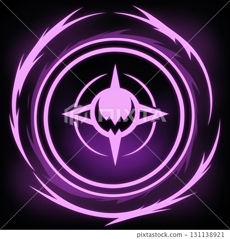 Glowing purple vortex with abstract mystical symbol at center on black background Glowing purple vortex with abstract mystical symbol at center on black background 131138921