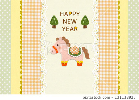 Nordic-style appliqué New Year's card 2026 featuring a cute horse and frills / horizontal, no greeting 131138925