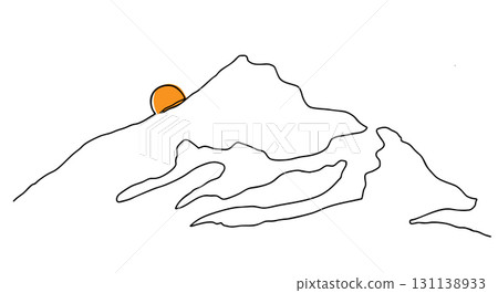 Minimalist Mountain Line Art with Sunset 131138933