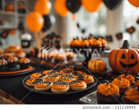 Halloween party table with jack-o'-lanterns and sweets Halloween party table with jack-o'-lanterns and sweets 131138945