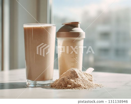 Chocolate-flavored protein shakes and powders Chocolate-flavored protein shakes and powders 131138946